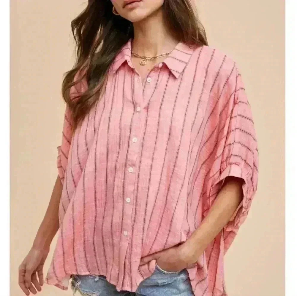 Anniewear Oversized Beach‎ Striped Pink Shirt Size Medium